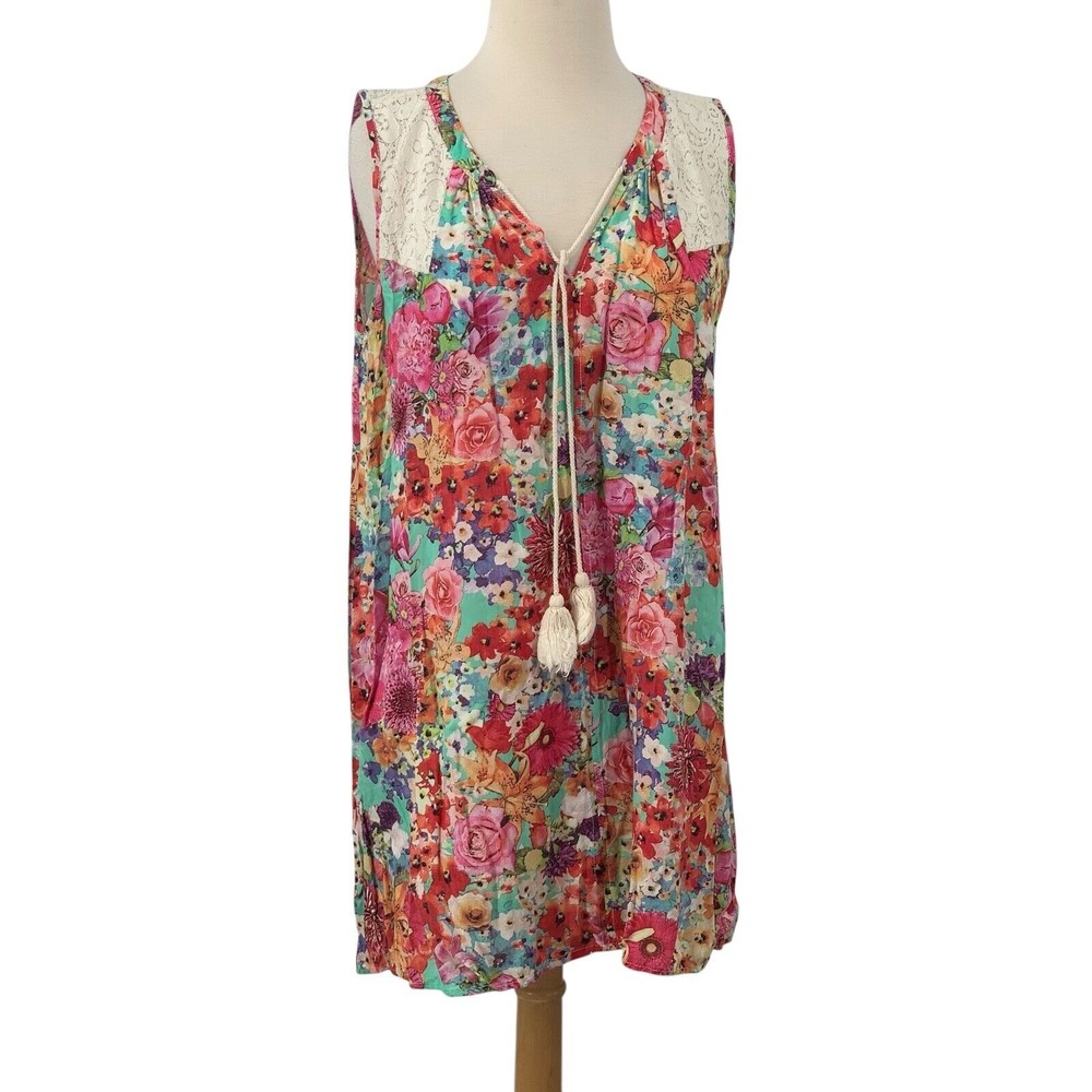 Umgee USA Women's Sleeveless Multi-Colored Floral Lace Dress Tassel Tie Size S‎